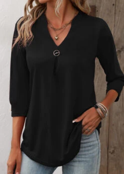 Circular Ring Black Split Neck T Shirt -Rosewe Promotion Store 338742 P 16902782661532