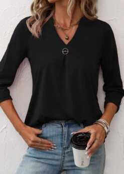 Circular Ring Black Split Neck T Shirt -Rosewe Promotion Store 338742 P 16902782666033
