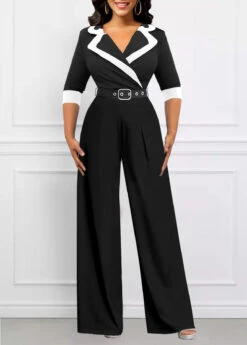 Lapel Patchwork Belted Black Long Jumpsuit