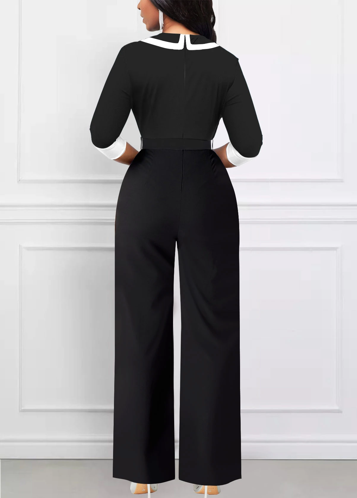 Lapel Patchwork Belted Black Long Jumpsuit 4 Lapel Patchwork Belted Black Long Jumpsuit - Image 2
