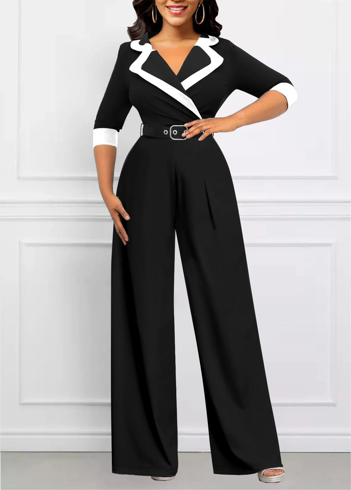 Lapel Patchwork Belted Black Long Jumpsuit 5 Lapel Patchwork Belted Black Long Jumpsuit - Image 3