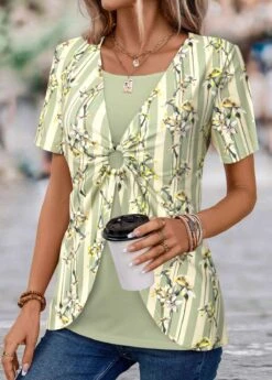 Floral Print Patchwork Light Green T Shirt