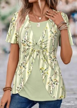 Floral Print Patchwork Light Green T Shirt -Rosewe Promotion Store 338806 P 1690782355872