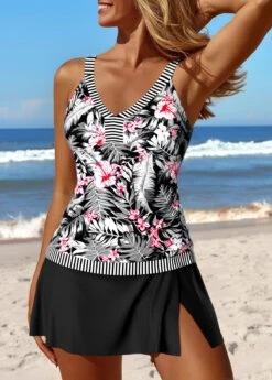 Black Tropical Plants Print Patchwork Tankini Set