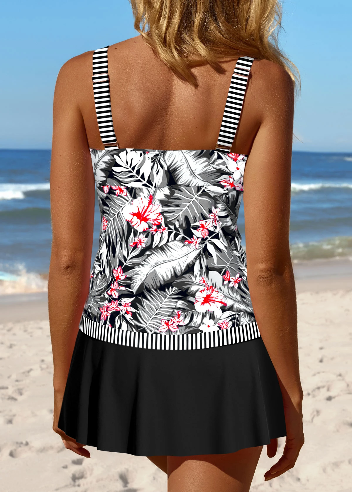 Black Tropical Plants Print Patchwork Tankini Set 4 Black Tropical Plants Print Patchwork Tankini Set - Image 2