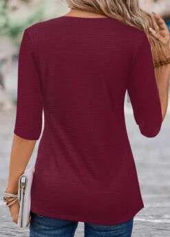 Plaid Circular Ring Wine Red T Shirt -Rosewe Promotion Store 338864 P 1689839726375
