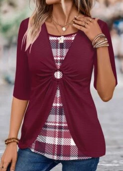 Plaid Circular Ring Wine Red T Shirt -Rosewe Promotion Store 338864 P 1689839726992