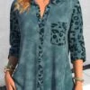 Leopard Patchwork Peacock Blue Shirt Collar Blouse -Rosewe Promotion Store 338870 P 1689844612711