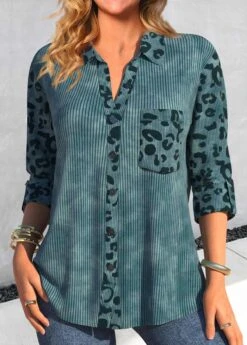 Leopard Patchwork Peacock Blue Shirt Collar Blouse