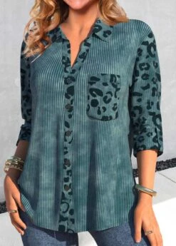 Leopard Patchwork Peacock Blue Shirt Collar Blouse -Rosewe Promotion Store 338870 P 1689844612796
