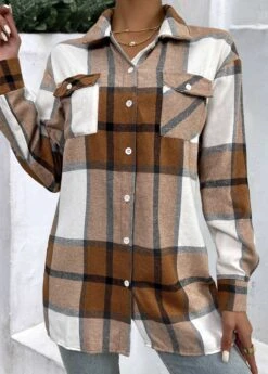 Plaid Button Light Coffee Shirt Collar Blouse