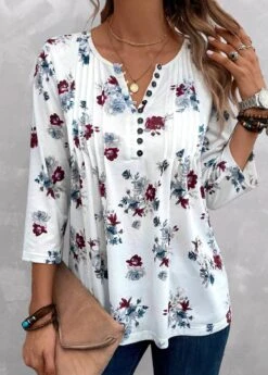 Plus Size White Tuck Stitch Floral Print Blouse