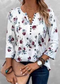 Floral Print Tuck Stitch White Split Neck Blouse -Rosewe Promotion Store 338927 P 1690455512036 1