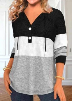 Patchwork Contrast Long Sleeve Black Hoodie -Rosewe Promotion Store 338930 P 1694678704121