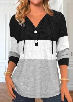 Patchwork Contrast Long Sleeve Black Hoodie -Rosewe Promotion Store 338930 P 1694678704391