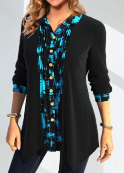 Geometric Print Fake 2in1 Black Shirt Collar Blouse -Rosewe Promotion Store 338933 P 1694049727443