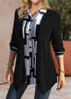 Geometric Print Patchwork Black Shirt Collar Blouse -Rosewe Promotion Store 338954 P 1690163747958