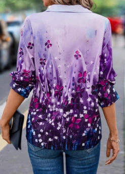 Floral Print Button Purple Shirt Collar Blouse -Rosewe Promotion Store 338997 P 16922352563101