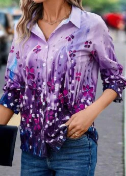 Floral Print Button Purple Shirt Collar Blouse -Rosewe Promotion Store 338997 P 16922352564063
