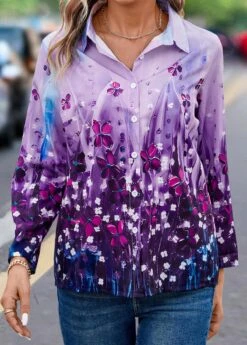 Floral Print Button Purple Shirt Collar Blouse -Rosewe Promotion Store 338997 P 16922352564385