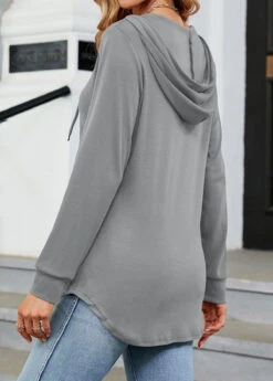 Long Sleeve Button Light Grey Hooded T Shirt -Rosewe Promotion Store 339007 P 1690280255429