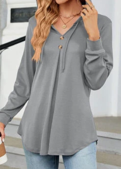 Long Sleeve Button Light Grey Hooded T Shirt -Rosewe Promotion Store 339007 P 1690280256013
