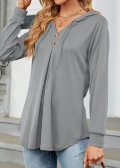 Long Sleeve Button Light Grey Hooded T Shirt -Rosewe Promotion Store 339007 P 1690280256300
