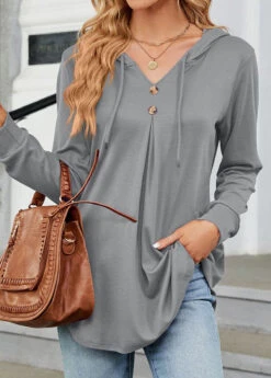 Long Sleeve Button Light Grey Hooded T Shirt -Rosewe Promotion Store 339007 P 1690280256842