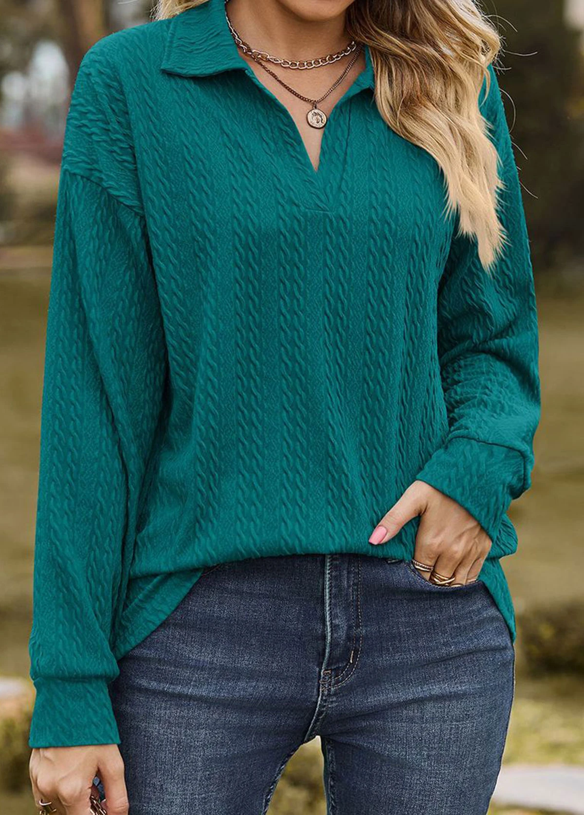 Long Sleeve Green Turn Down Collar Sweatshirt 3 Long Sleeve Green Turn Down Collar Sweatshirt