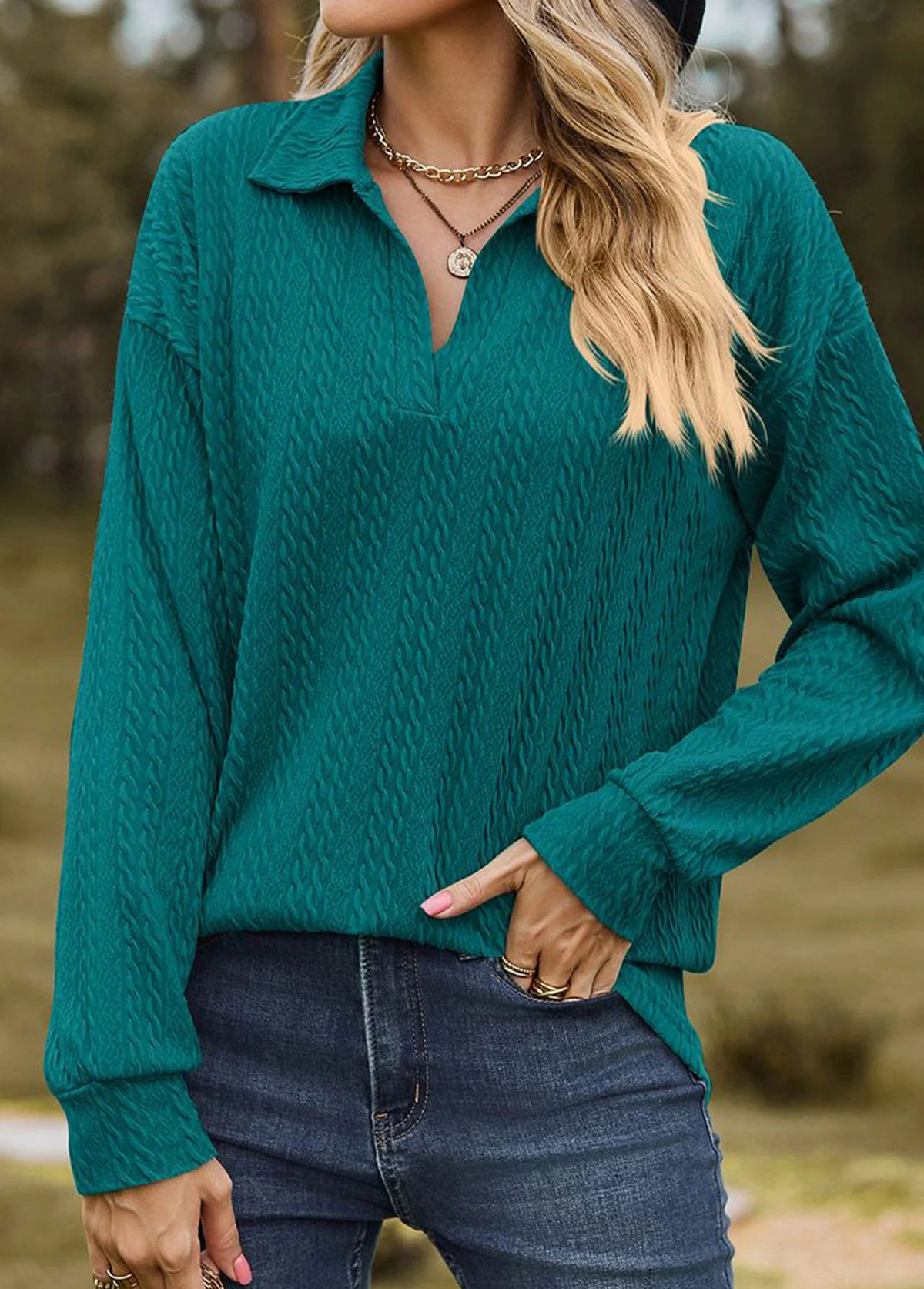 Long Sleeve Green Turn Down Collar Sweatshirt 6 Long Sleeve Green Turn Down Collar Sweatshirt - Image 4