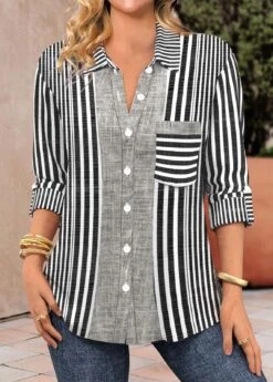 Striped Patchwork Black Shirt Collar Long Sleeve Blouse