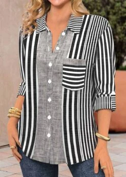 Striped Patchwork Black Shirt Collar Long Sleeve Blouse -Rosewe Promotion Store 339035 P 1691140845808