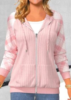 Plaid Patchwork Light Pink Long Sleeve Hoodie