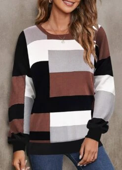 Geometric Print Patchwork Dark Coffee Round Neck Sweatshirt