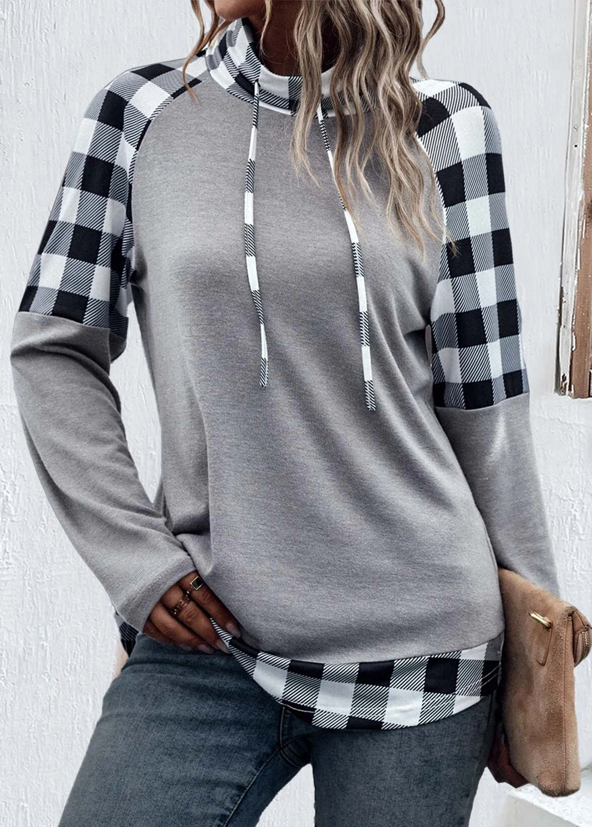 Plaid Patchwork Light Grey Cowl Neck Sweatshirt 5 Plaid Patchwork Light Grey Cowl Neck Sweatshirt - Image 3