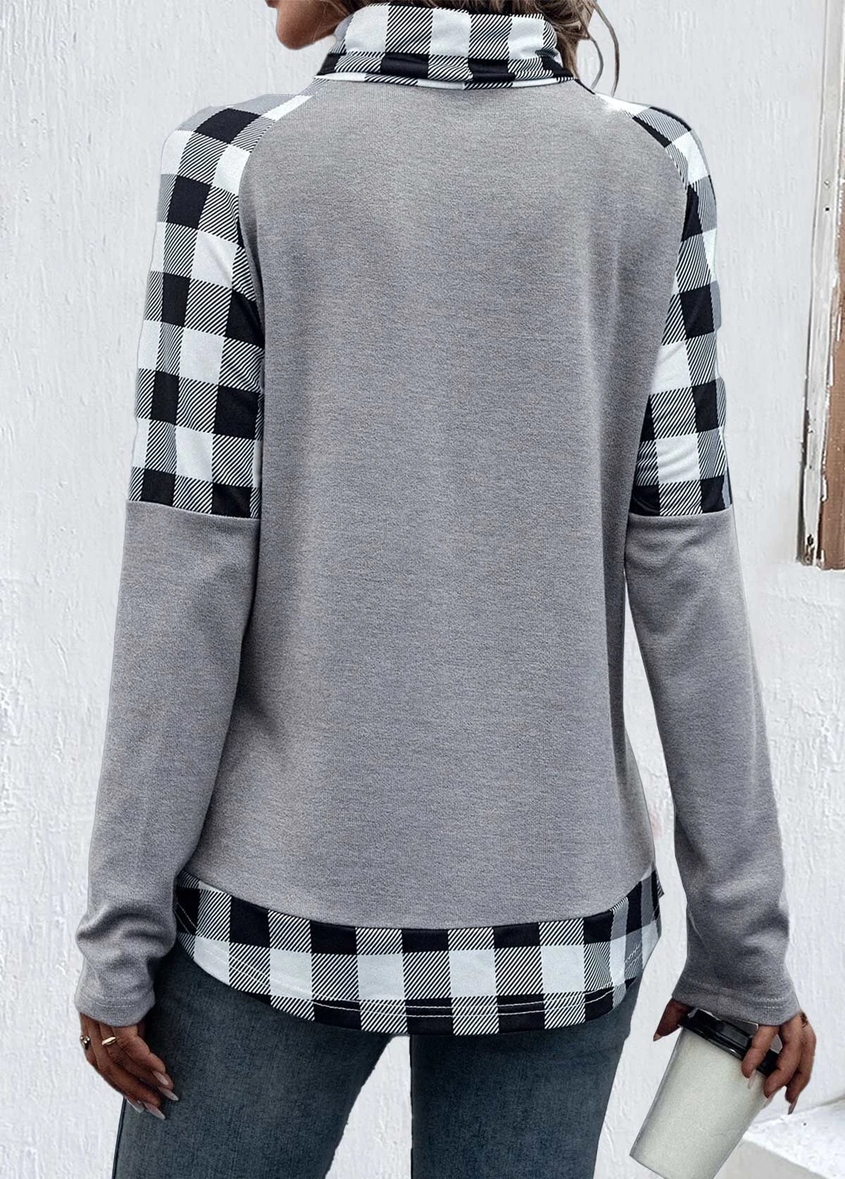 Plaid Patchwork Light Grey Cowl Neck Sweatshirt 4 Plaid Patchwork Light Grey Cowl Neck Sweatshirt - Image 2