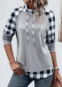 Plaid Patchwork Light Grey Cowl Neck Sweatshirt
