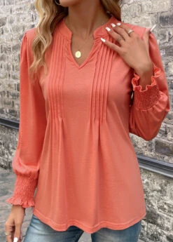 Smocked Split Neck Long Sleeve Coral T Shirt -Rosewe Promotion Store 339109 P 16915750971102
