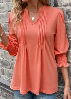 Smocked Split Neck Long Sleeve Coral T Shirt -Rosewe Promotion Store 339109 P 16915750972564