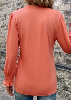 Smocked Split Neck Long Sleeve Coral T Shirt -Rosewe Promotion Store 339109 P 16915750973421