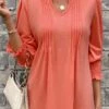 Smocked Split Neck Long Sleeve Coral T Shirt -Rosewe Promotion Store 339109 P 16915750979340