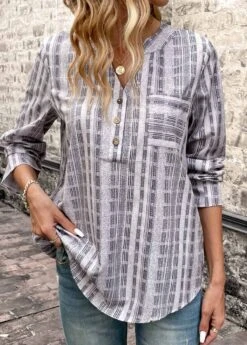 Striped Pocket Light Grey Split Neck Blouse -Rosewe Promotion Store 339112 P 16917493951503