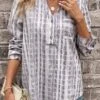 Striped Pocket Light Grey Split Neck Blouse