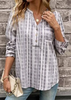 Striped Pocket Light Grey Split Neck Blouse