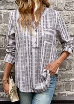 Striped Pocket Light Grey Split Neck Blouse -Rosewe Promotion Store 339112 P 16917493959202