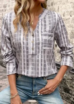 Striped Pocket Light Grey Split Neck Blouse -Rosewe Promotion Store 339112 P 16917493959524