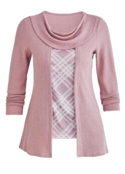 Plaid Fake 2in1 Dusty Purple T Shirt -Rosewe Promotion Store 339131 P 1695026539921