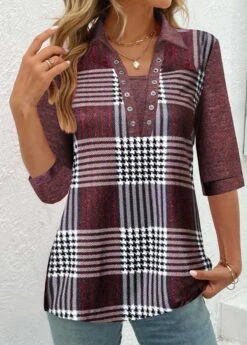 Plus Size Deep Red Eyelet Plaid Blouse
