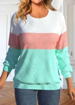 Light Pink Round Neck Long Sleeve Patchwork Sweatshirt