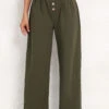 High Waisted Button Olive Green Elastic Waist Pants -Rosewe Promotion Store 339219 P 16920054175760
